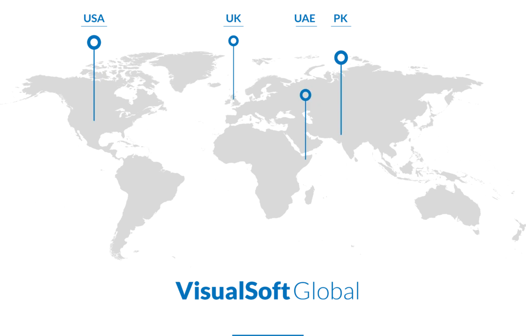 "Map showing VisualSoft Global offices in USA, UK, UAE and Pakistan